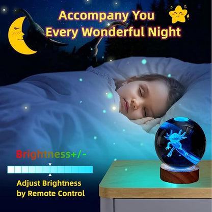 3.15 inch Axolotl Crystal Ball Lamp,3D K9 Crystal Ball Night Light with Wooden Base,16 Colors Change with Remote Control,Clear Glass Light,Birthday Gift for Friends (Axolotl)