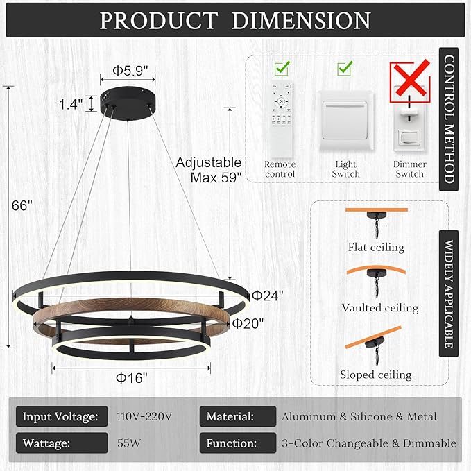 Modern LED Chandelier Black Wood Dimmable 3-Ring Foyer Entry Chandeliers Light 24in Dining Room Chandelier Light Fixture for Kitchen Home Office Living Room