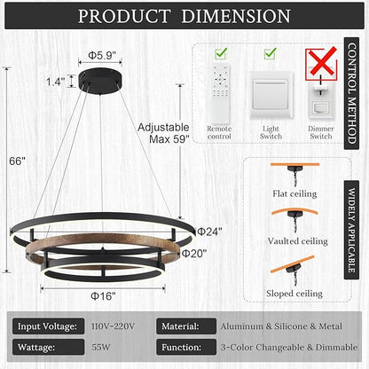 Modern LED Chandelier Black Wood Dimmable 3-Ring Foyer Entry Chandeliers Light 24in Dining Room Chandelier Light Fixture for Kitchen Home Office Living Room