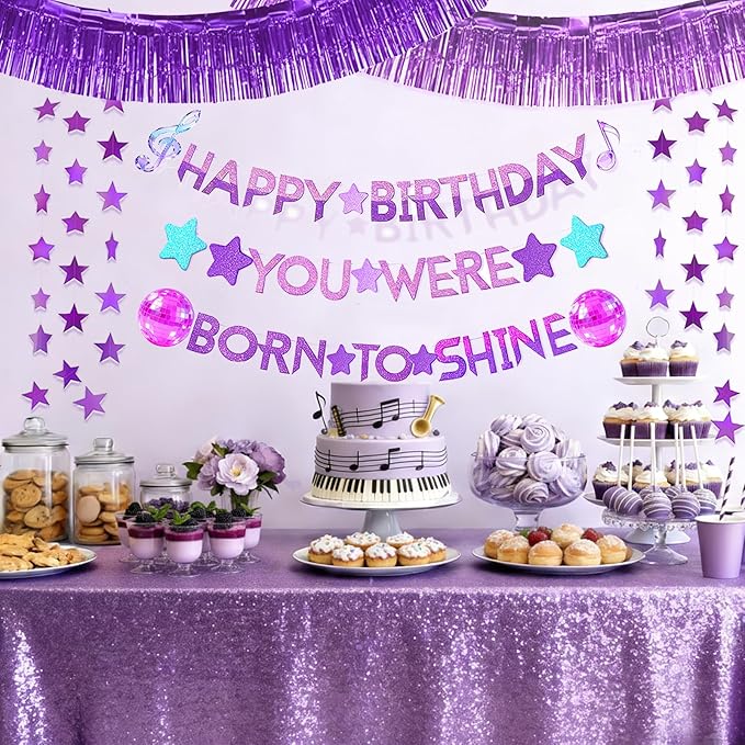 Kpop Happy Birthday Banner Set - Kpop Birthday Party Decorations with Purple Shining Star Garland, Music Idol Party Decor for Girls