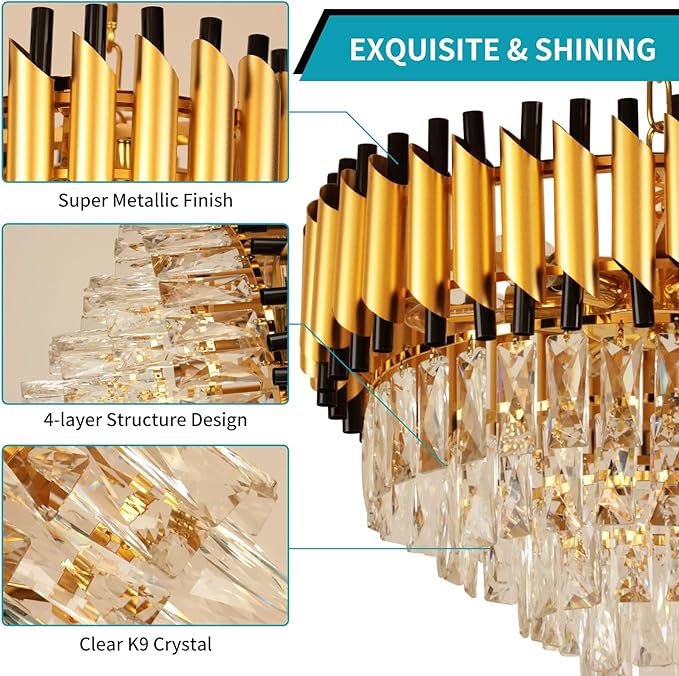 Depuley Modern Gold Crystal Chandelier: 6-Light Flush Mount Chandelier 12 Inch 4-Tier Luxury Round Hanging Pendant Light Fixture for Porch Bedroom Dining Room Foyer Included Bulbs