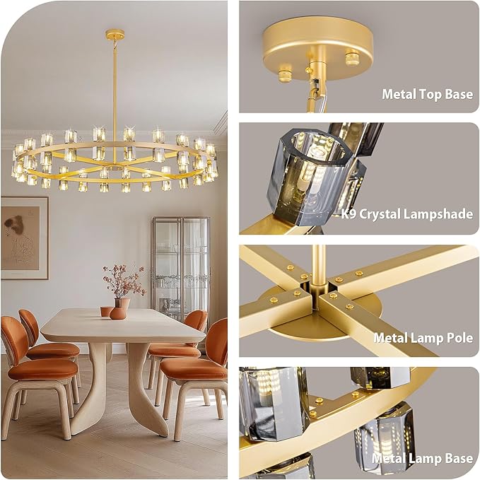48-Light Large Gold Chandeliers for High Ceilings, 48 Inch Modern Crystal Wagon Wheel Chandelier, Farmhouse Industrial Round Chandelier Pendant Lighting Fixture for Dining Living Room Kitchen Foyer