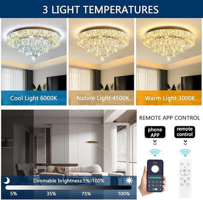23.6" Modern Crystal Chandeliers LED Dimmable Flush Mount Ceiling Chandeliers for Living Room Entrance Foyer Bedroom Gold