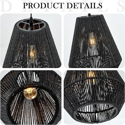 13” Boho Hand Woven Rattan Mini Chandelier Matte Black Classic Pendant Light for Kitchen Island Dining Room Hallway, UL Listed