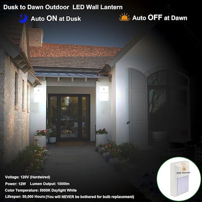 LIT-PaTH Dusk to Dawn Outdoor Sconce Wall Light, LED Wall Lantern 5000K, Porch Lighting Fixture, 12W 1000 Lumens, Aluminum Housing Plus PC, White Finish, 1-Pack