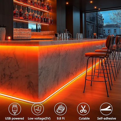 echosari Strip Lights USB 5V, 9.8Ft 180 LED Strip Lights Cuttable 2835 SMD Super Bright with Self-Adhesive DIY for Cabinet Photo Frames Desks Monitor Shelves Decor (Orange)