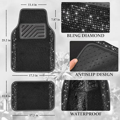 CAR PASS Bling Diamond Car Floor Mats, Sparkling Crystal Shining Glitter Rhinestone Carpet, Anti-Slip PVC Heel Pad Waterproof Universal for Automotive SUV,Sedan,Van,4pcs Girl Women Men Black Diamond