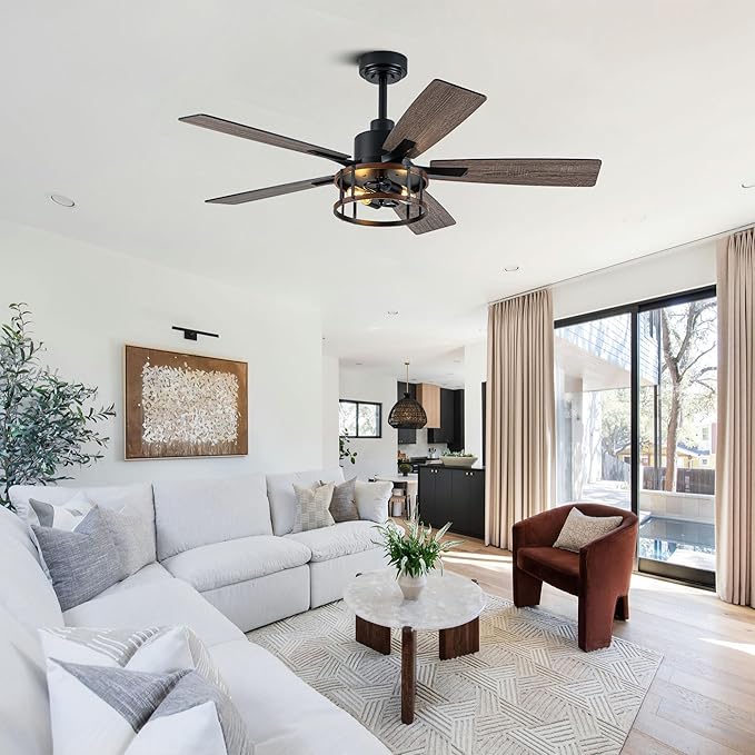 52" Farmhouse Ceiling Fans with Lights, Caged Ceiling Fan with Light and Remote,Reversible Motor,5 Double Finish Wood Blades,Black Rustic Industrial Ceiling Fan for Living Room/Dining Room