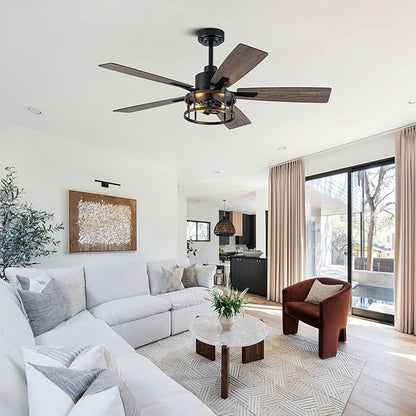 52" Farmhouse Ceiling Fans with Lights, Caged Ceiling Fan with Light and Remote,Reversible Motor,5 Double Finish Wood Blades,Black Rustic Industrial Ceiling Fan for Living Room/Dining Room