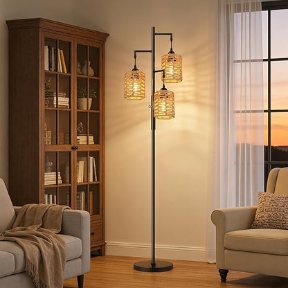 ROTTOGOON Dimmable Rattan Floor Lamp, 3 x 800LM LED Bulbs Included, Boho Tree Standing Lamps with 3 Hand-Woven Octagonal Lantern Shades, Industrial Floor Lamp for Living Room, Bedroom, Office - Black