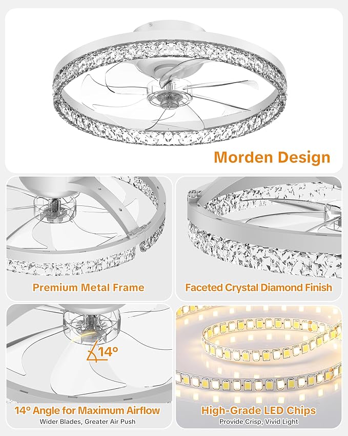 Ceiling Fans with Lights and Remote Low Profile Flush Mount LED Ceiling Fan with Lights 3000K-6500K Dimmable Foldable Fandelier Light 6 Wind Speeds Night Light for Bedroom Living Room White