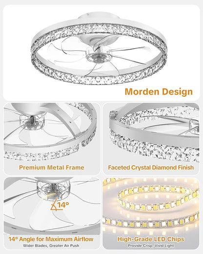 Ceiling Fans with Lights and Remote Low Profile Flush Mount LED Ceiling Fan with Lights 3000K-6500K Dimmable Foldable Fandelier Light 6 Wind Speeds Night Light for Bedroom Living Room White