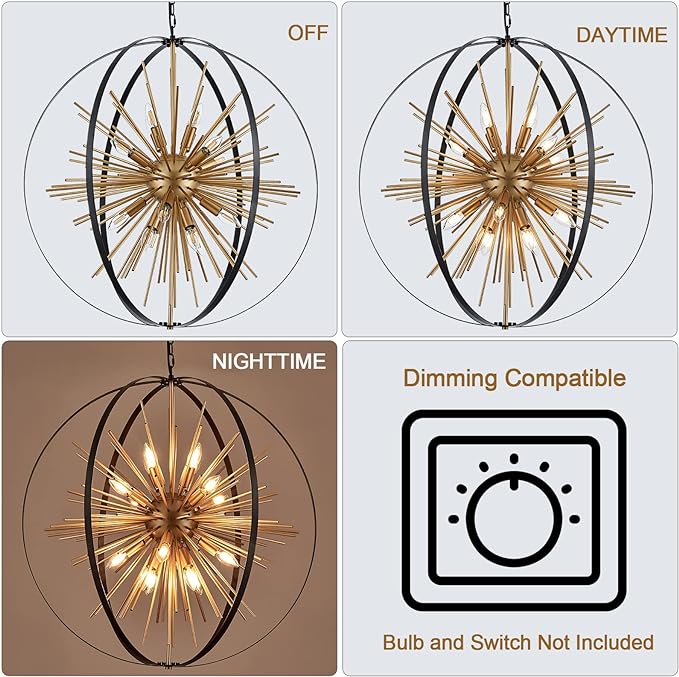 31.5" Black Gold Large Globe Sputnik Chandelier, 16-Light Mid Century Modern Industrial Starburst Golden Metal Satellite Light Fixture for High Ceiling Living Room Dining Room Foyer, E12