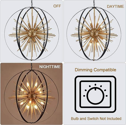 31.5" Black Gold Large Globe Sputnik Chandelier, 16-Light Mid Century Modern Industrial Starburst Golden Metal Satellite Light Fixture for High Ceiling Living Room Dining Room Foyer, E12
