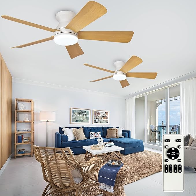 Depuley 42-Inch Ceiling Fans with Lights: Indoor/Outdoor Flush Mount Ceiling Fan with Remote Control - Wood 5 Blade Low Profile Fandelier for Kitchen Gazebo - Reversible Quiet Timer - 2 Packs