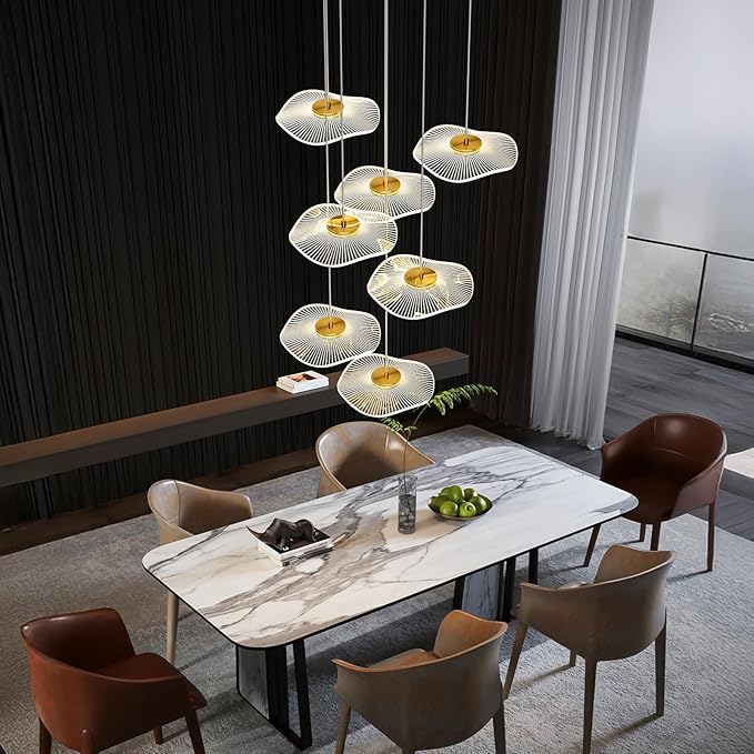 ziidoo High Ceiling Chandelier - 7-Light Dimmable Modern Gold Long Spiral Luxury Linear Lotus Leaf Led Lamp Hanging Pendant Lights for Foyer Enterway Staircase Villas