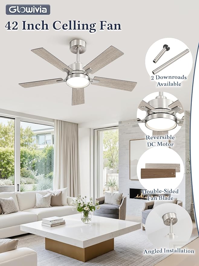 42 Inch Ceiling Fan with Lights and Remote, Smart APP Control, Dimmable with All-Setting Memory, Quiet DC Motor Reversible Blades, Damp Rated Modern Ceiling Fan for Bedroom Patio Living Room