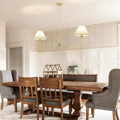 2-Light Gold Modern Linear Chandelier, 55 Inch Farmhouse Kitchen Island Lighting with White Fabric Shades, Dining Room Light Fixtures for Living Room Bedroom, Height Adjustable