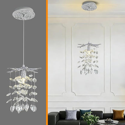 Modern K9 Crystal Tree Branches Chandelier, 8.6in Silver 1 Lights Large Ceiling Hanging Light for Dining Room, Round Tassel Ceiling Hanging