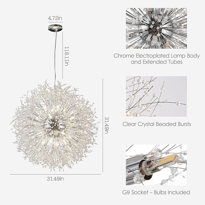 Dandelion Crystal Chandeliers, Modern Large 16 Lights Firework Chandelier, Chrome Sputnik Pendant High Ceiling Light Fixture for Foyer Entryway Living Room