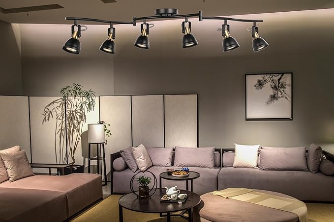 6 Light Foldable Track Lighting Kit,Matt Black Brass Finish Adjustable with Moden Ceiling Flush Mount Spotlight for Kitchen,Dining,Living Room,Home Improvement