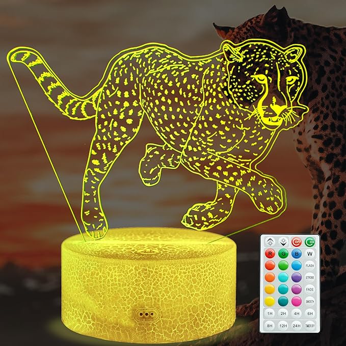 Cheetah Night Light, 3D Illusion Lamp with 16 Color Changing Modes, Remote Control Timer and Dimmable, Kids Boys Girls Room Decoration, Holiday Xmas Gifts