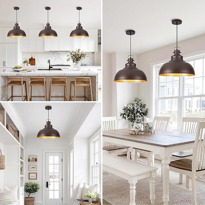 Refice 16 Inch Farmhouse Pendant Lights Kitchen Island Oil Rubbed Bronze Pendant Lighting Industrial Dome Island Pendant Lights, Adjustable Height, Hanging Lights, Dining Room, Barn