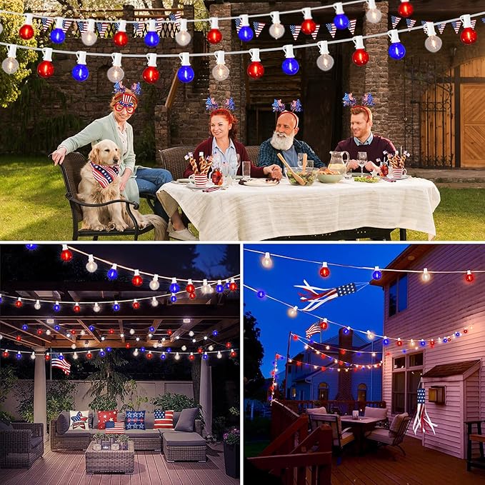 50FT G40 Red White and Blue Lights, 4th of July Decorations Lights Plug In with 50+3 LED Bulbs, Patriotic Decor Indoor Outdoor String Light for Party Patio Garden Bistro Independence Day Memorial Day