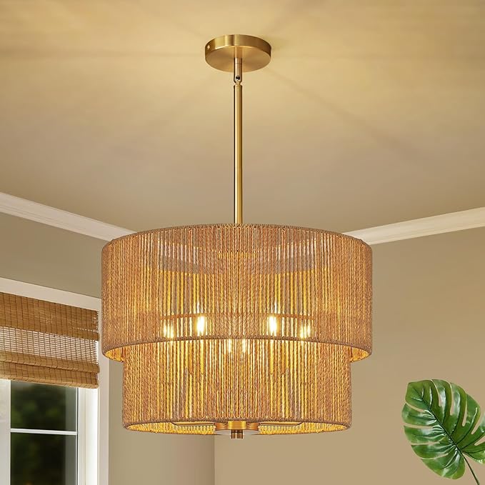 RUIYEY Rattan Chandelier Light Fixtures: 18 inch Boho Pendant Lights with Wicker Lampshade, E12 5 Light Height Adjustable Hand Woven Hanging Chandeliers for Dining Room Kitchen Farmhouse Living Room