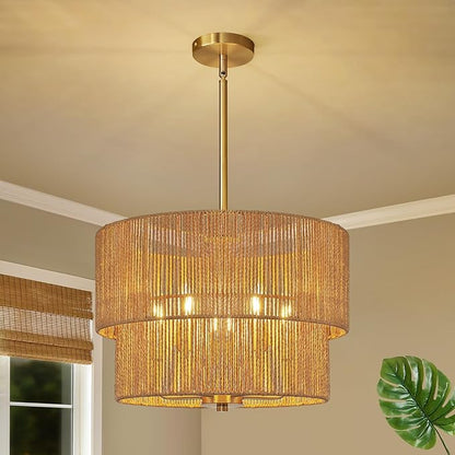 RUIYEY Rattan Chandelier Light Fixtures: 18 inch Boho Pendant Lights with Wicker Lampshade, E12 5 Light Height Adjustable Hand Woven Hanging Chandeliers for Dining Room Kitchen Farmhouse Living Room