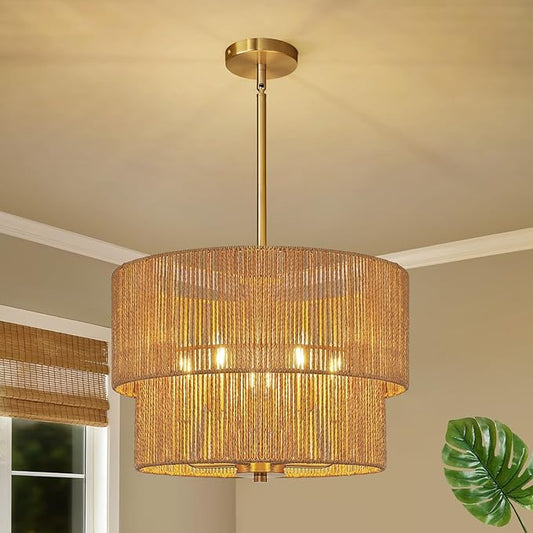RUIYEY Rattan Chandelier Light Fixtures: 18 inch Boho Pendant Lights with Wicker Lampshade, E12 5 Light Height Adjustable Hand Woven Hanging Chandeliers for Dining Room Kitchen Farmhouse Living Room