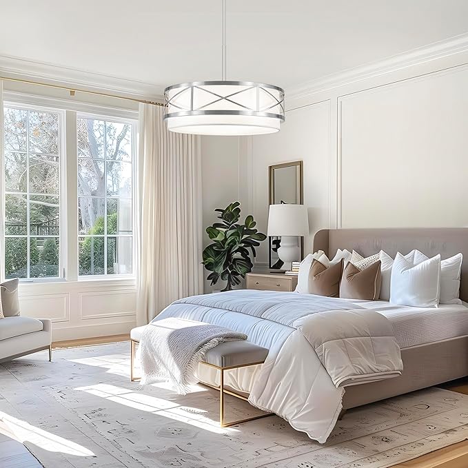 19.7'' Modern Brushed Nickel Drum Chandelier, 5-Light Modern Chandeliers for Dining Room Brushed Nickel Pendant Light with White Fabric Shade for Kitchen Living Room Entryway Bedroom