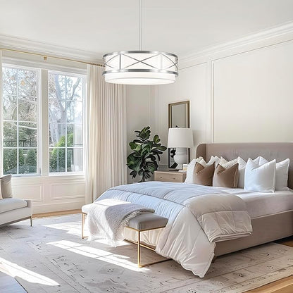 19.7'' Modern Brushed Nickel Drum Chandelier, 5-Light Modern Chandeliers for Dining Room Brushed Nickel Pendant Light with White Fabric Shade for Kitchen Living Room Entryway Bedroom