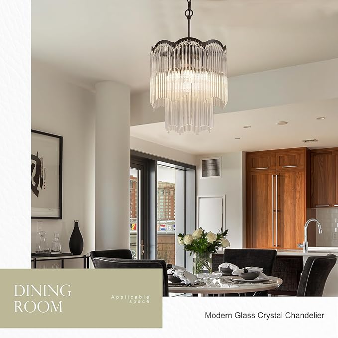 12.52" Black Clear Glass Crystal Pendant Light 5-Light Modern Crystal Pendant Ceiling Light Fixture 2-Tier Luxury Glass Chandeliers,for Dining Room Kitchen Island Living Room Bedroom