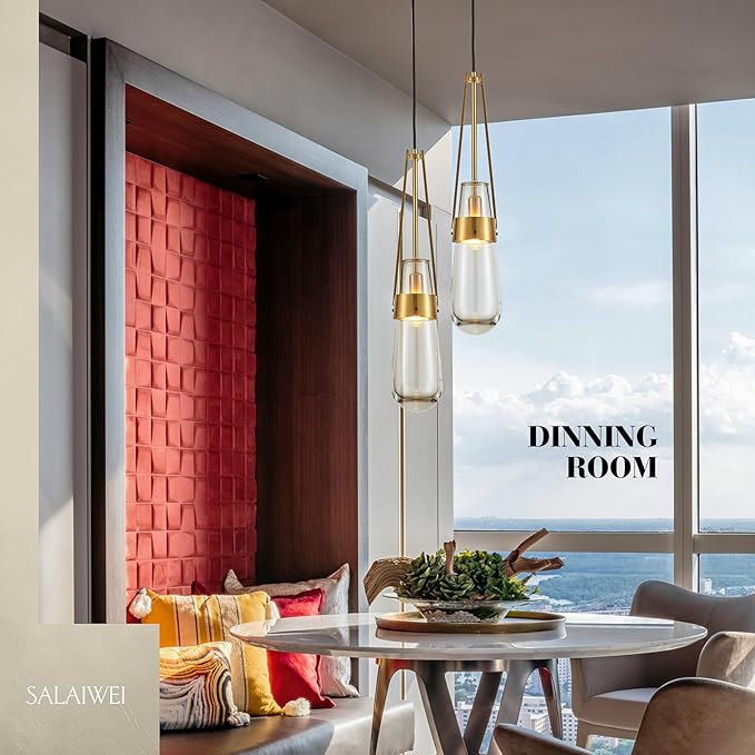 Raindrop Pendant Light Fixtures, Brass Glass Pendant Lighting, Teardrops Gold Hanging Light Clear Solid Glass Pendant Light Modern Chandeliers for Dining Room Porch Corridor Living Room