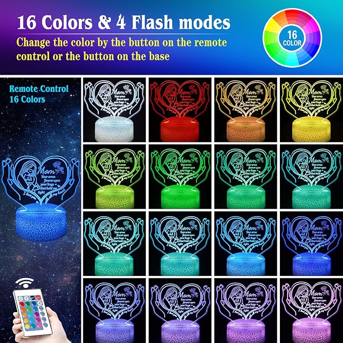 3D Illusion Night Light Gifts for Mom,16 Color Change Decor Bedside Lamp with Remote and Smart Touch, Gifts for Mom for Mothers Day,Xmas