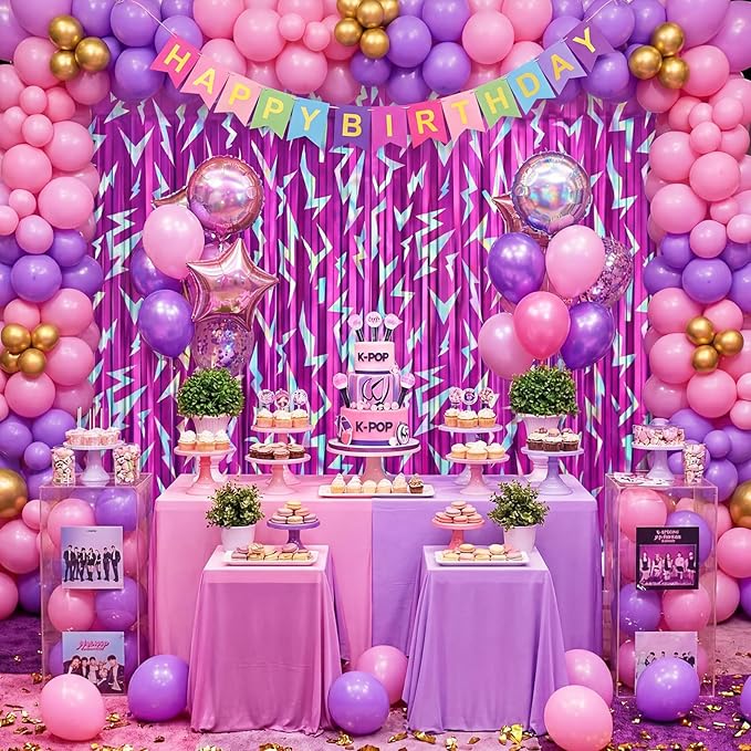 Tudomro 2 Pack Kpop Birthday Party Decoration Pink Purple Lightning Streamers Backdrop Blue with Purple Lightning Print Foil Fringe Tinsel Curtains for Photo Prop Themed Party Supplies