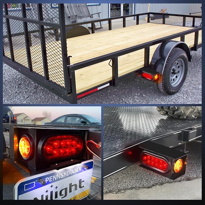 Nilight 2PCS Steel Trailer Light Boxes Housing Kit w/ 6Inch Oval Red Tail Lights 2 Inch Round Amber Side Marker 3LED License Plate Lighting w/Grommet Plugs