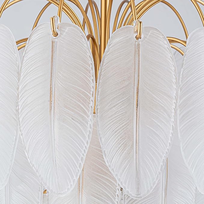 LumFurn 10-Light Gold Chandeliers, Modern Pendant Light Fixture for Dining Room, Staircase, D16 x H27~72" Adjustable Height, Frosted Feather Glass Shade & Gold Finish