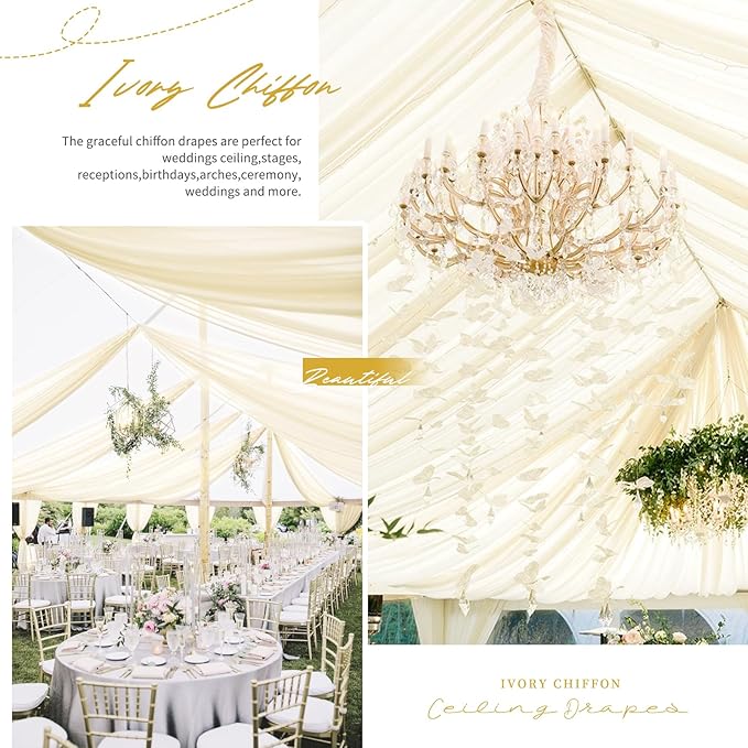 6 Panels Beige Ceiling Drapes for Wedding Ceiling Drapes 5ftx20ft Wedding Arch Draping Fabric Sheer Curtains Voile Chiffon Drapery Draping Decorations for Party Ceremony Stage