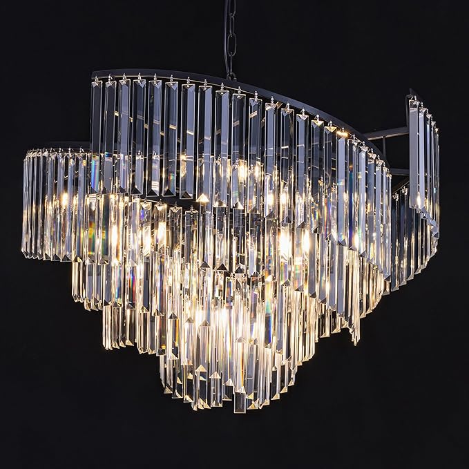 TOCHIC Black Crystal Chandeliers, 9 Lights Modern Farmhouse Chandeliers for Bedroom, Dining Room Light Fixture Spiral Design, High Ceiling Chandelier for Living Room, Entryway, 31.49" L