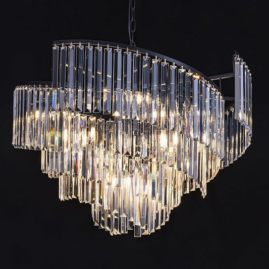 TOCHIC Black Crystal Chandeliers, 9 Lights Modern Farmhouse Chandeliers for Bedroom, Dining Room Light Fixture Spiral Design, High Ceiling Chandelier for Living Room, Entryway, 31.49" L