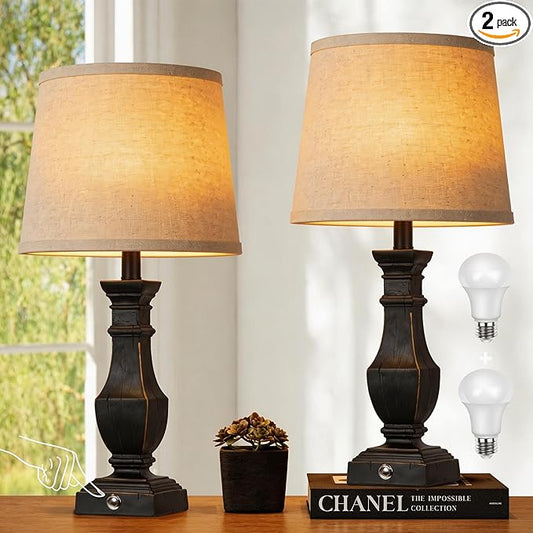 ROTTOGOON Dimmable Table Lamps Set of 2, Rustic Farmhouse Table Lamps for Living Room Bedroom, Bedside Desk Lamps for end Tables, Touch Lamps for nightstand, 9W Bulbs Included, 22", Black