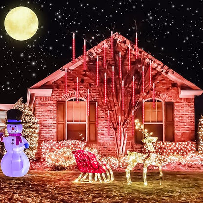 JMEXSUSS Red Solar Christmas Lights Outdoor, 8 Tube 144 LEDs Solar Meteor Shower Rain Lights, Red Twinkle Light for Tree Eaves Fence Christmas Decorations