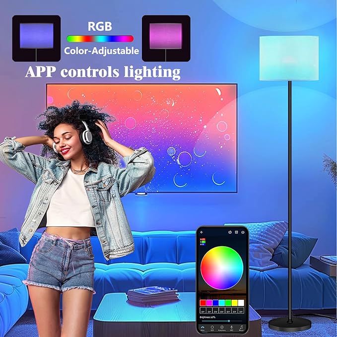 Qaubauyt Smart LED Floor Lamp with APP Control & RGB Colors - Dimmable Standing Lamp for Living Room, Bedroom, Gaming - Remote, Timer, 9W Bulb Included, 60.6" Modern Tall Lamp (Beige)