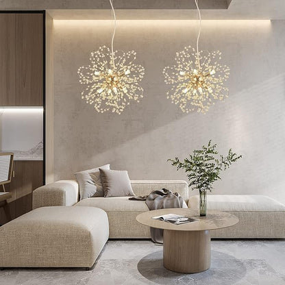Firework Crystal Chandeliers, 8-Light Dandelion Gold Chandelier for Dining Room, Sputnik Small Chandeliers Light Fixture for Bedroom, Living Room, Kitchen, Restaurant