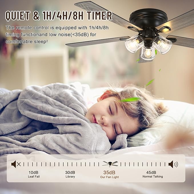 52" Flush Mount Ceiling Fan with Lights and Remote Control,Industrial Farmhouse Ceiling Fan,Reversible Quiet Motor,5 Wood Blades,3 Clear Glass Lights for Bedroom Living Room Kitchen