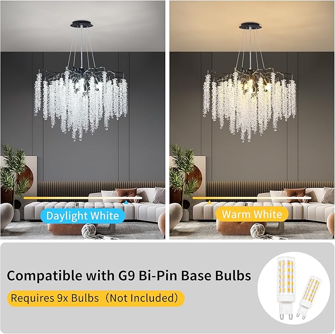 Crystal Tree Branches Chandeliers Luxury Round Raindrop Pendant Light Fixture 8 Light Ceiling Hanging Light for Dining Room Bedroom Living Room Entryway 23.7" Black