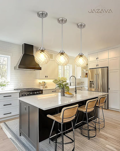 8 Inch Modern Farmhouse Pendant for Kitchen Island, Adjustable Height Hanging Fixture with Ribbed Glass, Brushed Nickel, Dining Room Entryway - PL101SBN-L