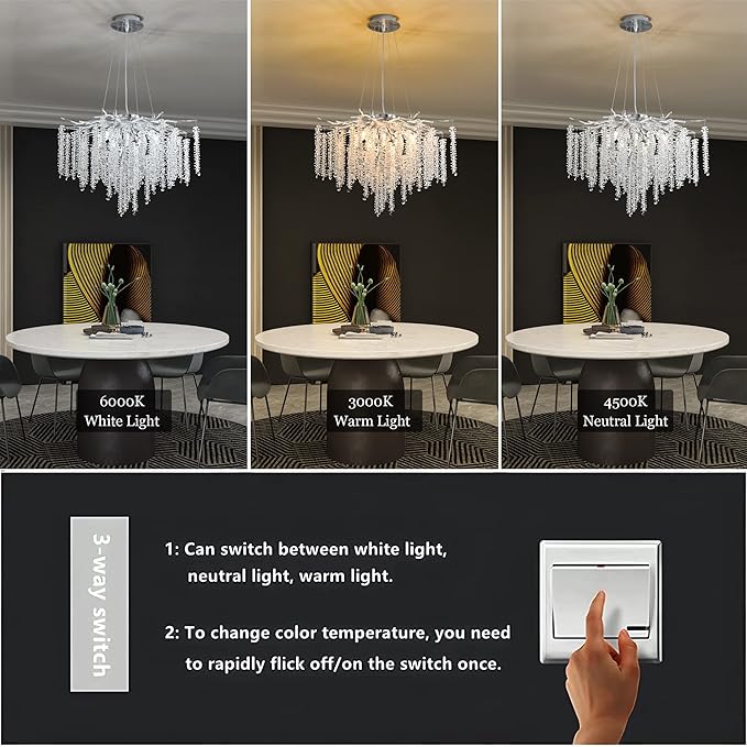 Tree Branch Chandelier Silver D23.7 Modern Round Raindrop Crystal Chandelier Ceiling Pendant Light Fixtures for Dining Room, Kitchen Island, Bedroom, Living Room